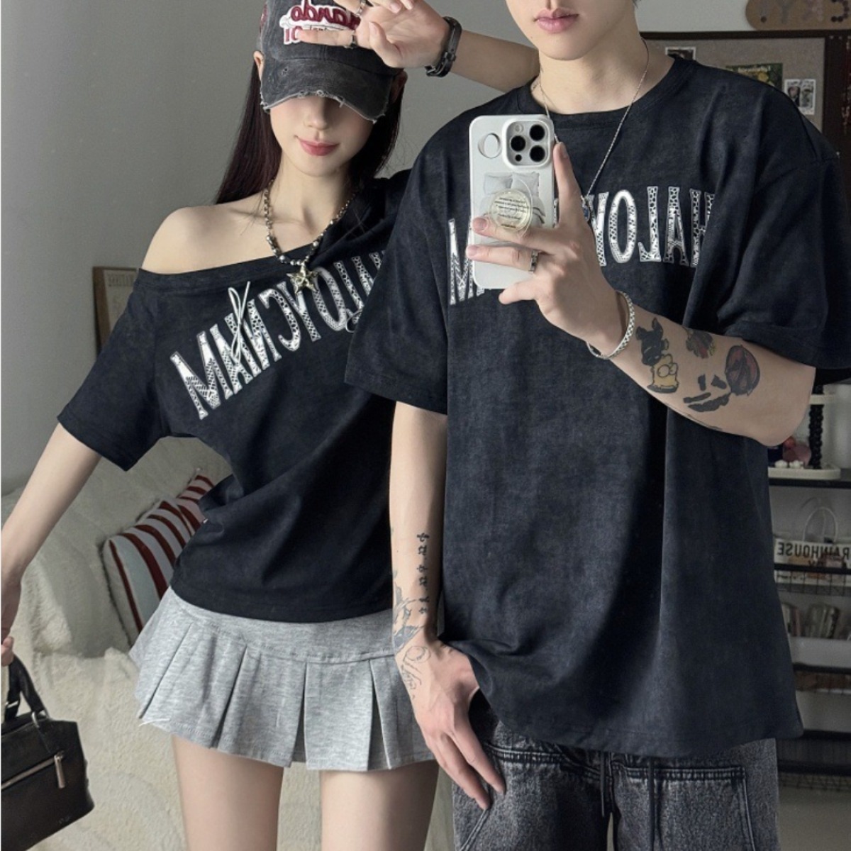 カップルペアルック ヴィンテージムード オフショル×ゆるシルエットTシャツ